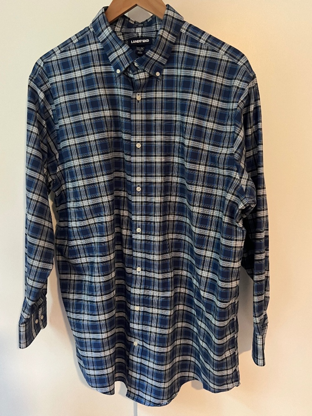 Lands’ End Men’s Big and Tall Dress Shirt blue black 18.5 x 36